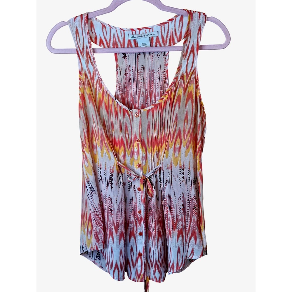American Rag Tank Top Womens Large Orange Ikat Print Pleated Racerback Boho #624